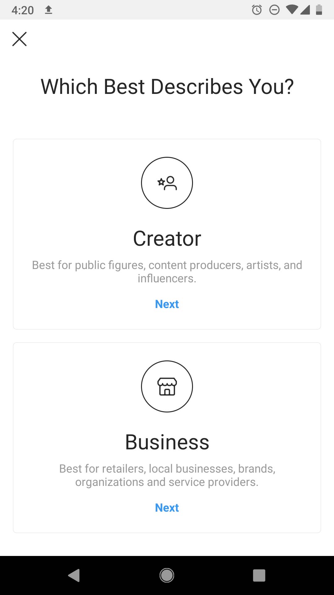 Instagram business account type selection